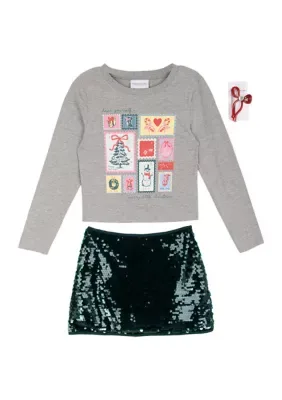 Graphic T-Shirt and Paillette Skort Set by Tween Diva