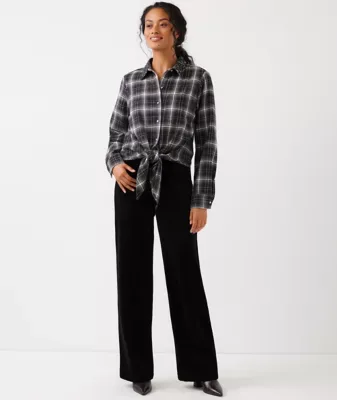 Embellished Collar Plaid Tie-Front Shirt by Karen Kane