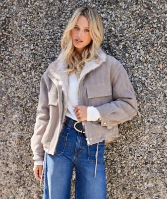 Faux Fur Trim Bomber Jacket by Karen Kane