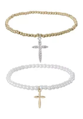 Two-Tone Plated Pearl & Beaded Duo Cross Bracelet Set by Wonderly