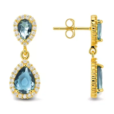 Sterling Silver Pear-Cut London Blue CZ Halo Dangle Earrings