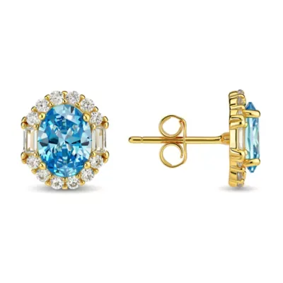 Sterling Silver Oval-Cut Swiss Blue CZ Halo Stud Earrings