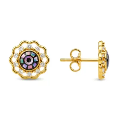 Sterling Silver Mosaic Abalone Pearl Floral Stud Earrings