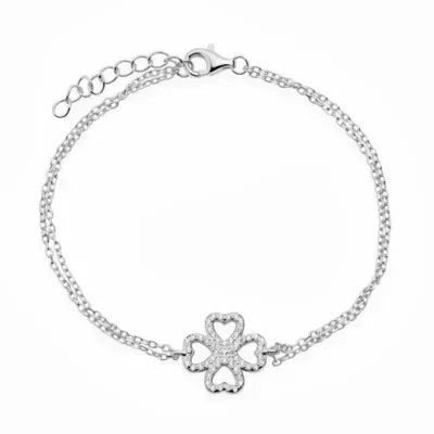 Sterling Silver CZ Clover Double Chain Bracelet by Kylie Harper
