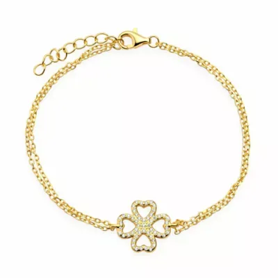 Sterling Silver CZ Clover Double Chain Bracelet