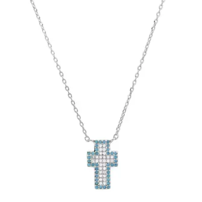 Sterling Silver Petite Turquoise & CZ Cross Necklace
