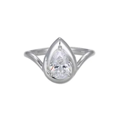 Created White Sapphire Solitaire Bezel Set Ring in Rhodium Plated Sterling Silver by Aurealis