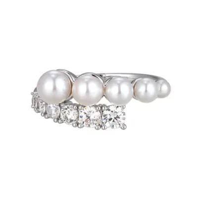 Genuine Fresh Water Pearl and Created White Sapphire Ring in Rhodium Plated Sterling Silver by Aurealis