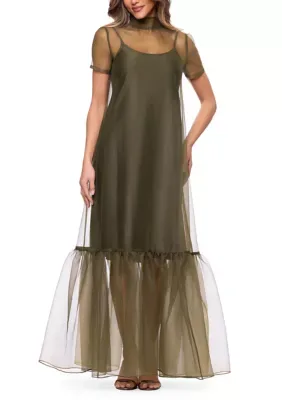 Short Mesh Sleeve Organza Overlay Gown by Xscape