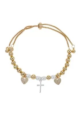 Two-Tone Plated Beaded Cubic Zirconia Cross & Heart Charm Adjustable Bracelet by Wonderly