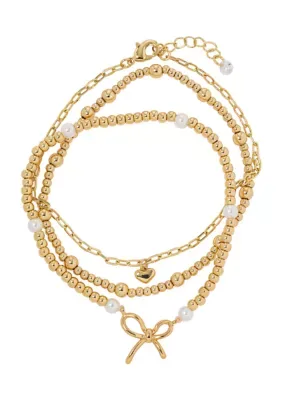 14K Gold Plated Pearl & Bow Inspirational Trio Bracelet Set by Wonderly