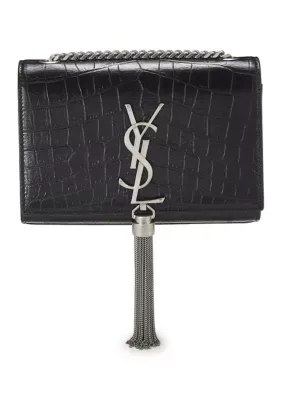 Saint Laurent Calfskin Crocodile Embossed Medium Classic Monogram Kate Tassel Satchel Storm by What Goes Around Comes Around