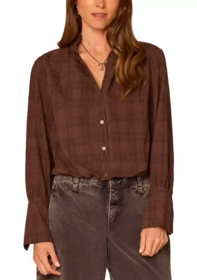 Plaid Ruffle Neck High-Low Blouse by Democracy