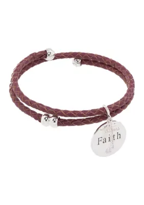 Silver Plated Cubic Zirconia Faith Charm Leather Coil Bracelet, 8 In by Wonderly