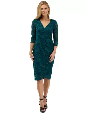 Elevate Lace Wrap Dress with Three-Quarter Sleeves by 24seven Comfort Apparel