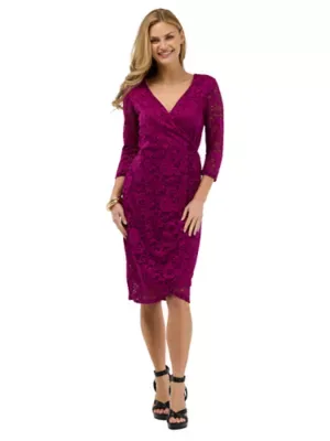 Elevate Lace Wrap Dress with Three-Quarter Sleeves