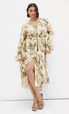 Plunge Frill Print Maxi Dress by City Chic