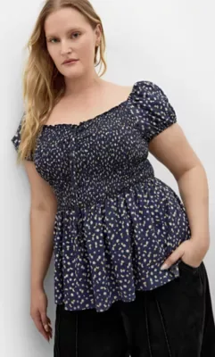 Azure Shirred Print Top by City Chic