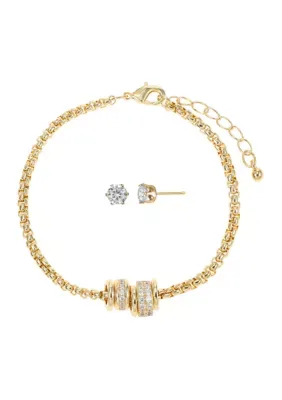 Plated Cubic Zirconia Roundel Rope Adjustable Bracelet & Stud Set, 8 In by Belk Silverworks