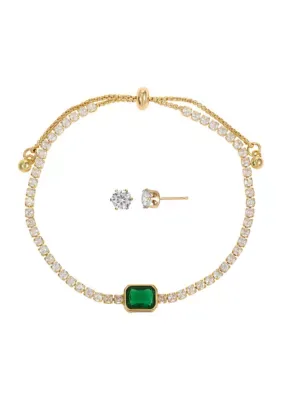 Gold Plated Emerald Bezel Tennis Bolo Bracelet & Stud Earring Set, 8 In by Belk Silverworks