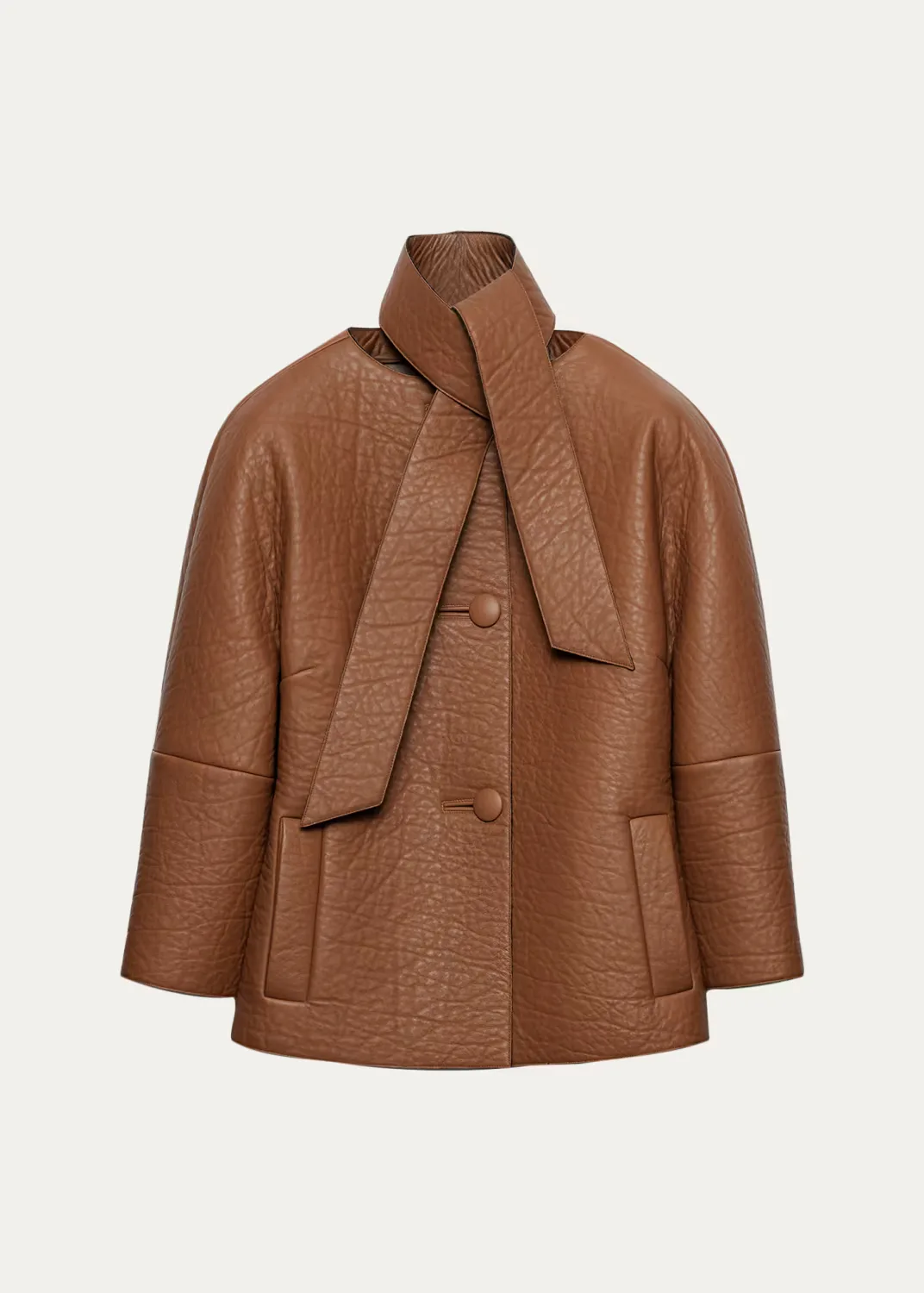 Scarf-Neck Leather Structured Jacket by Prada