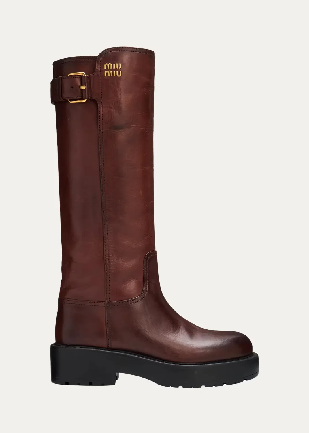55mm Lug-Sole Leather Knee-High Boots by Miu Miu