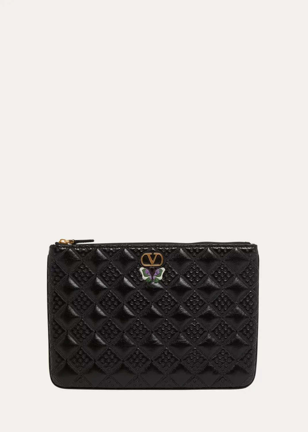 Butterfly-Embroidered Quilted Leather Clutch Bag by Valentino Garavani