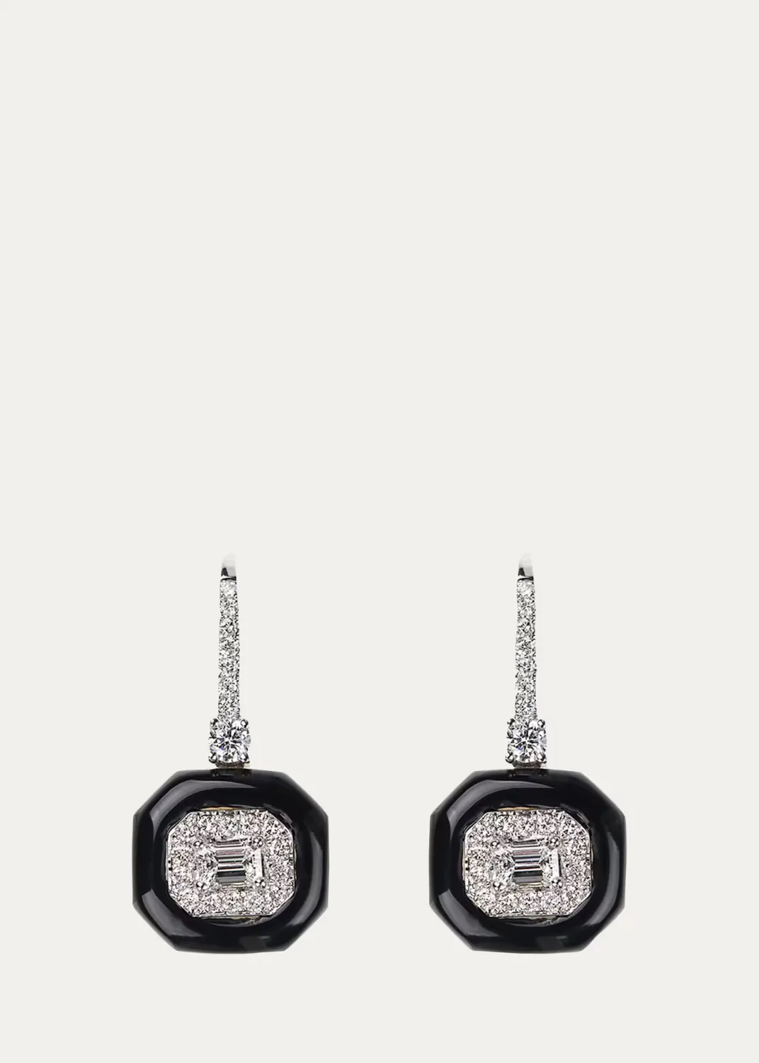 Oui 18k White Gold Diamond & Black Enamel Drop Earrings by Nikos Koulis