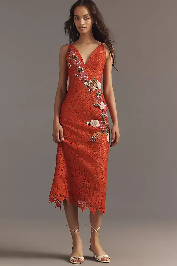 Martine Sleeveless 3D Floral Sequin Lace Midi Dress by Helsi