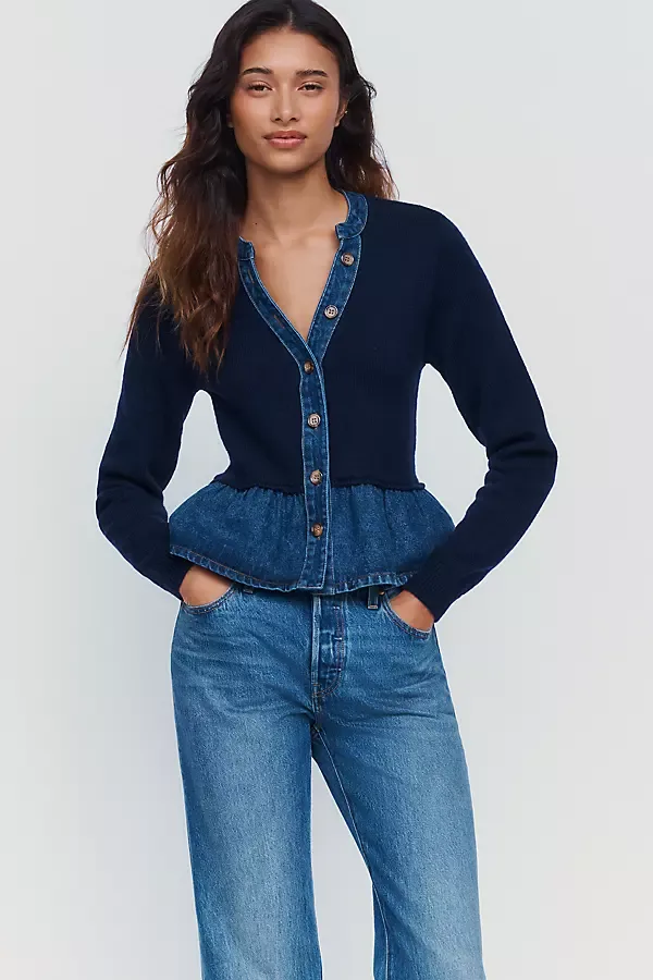 Denim Knit Peplum Cardigan by Pilcro
