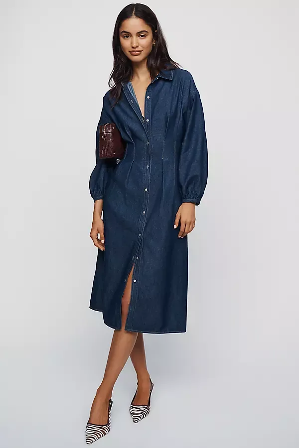 Denim Smocked Midi Dress by RAISONNEL