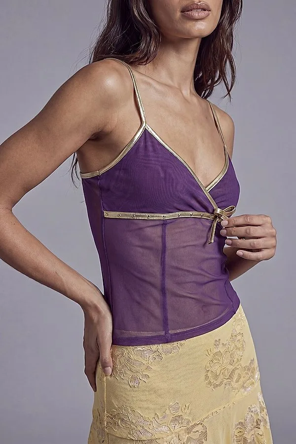 Sheer Mesh Tie Front Camisole by Slate Pink