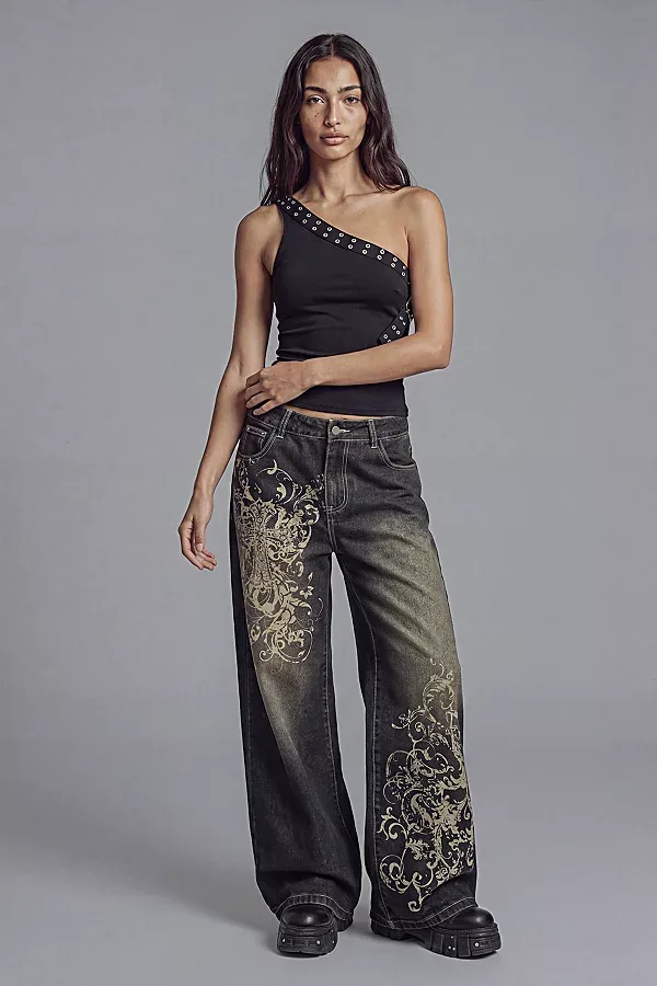 One Shoulder Stud Strap Buckle Top by Slate Pink