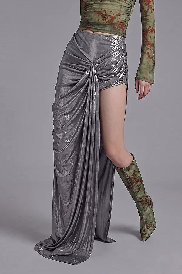 Metallic Draped High Slit Maxi Skirt by Slate Pink
