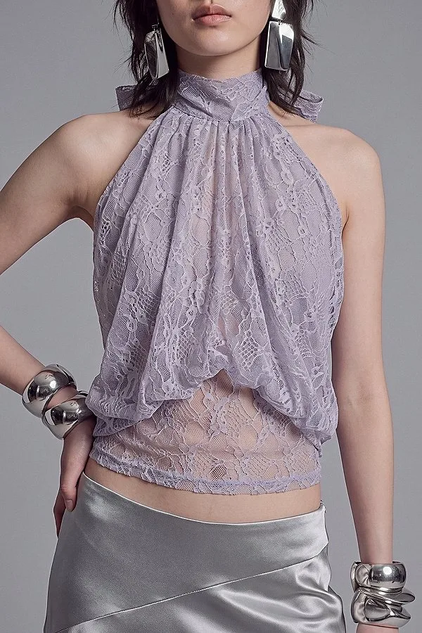 Sheer Floral Lace Halter Top by Slate Pink