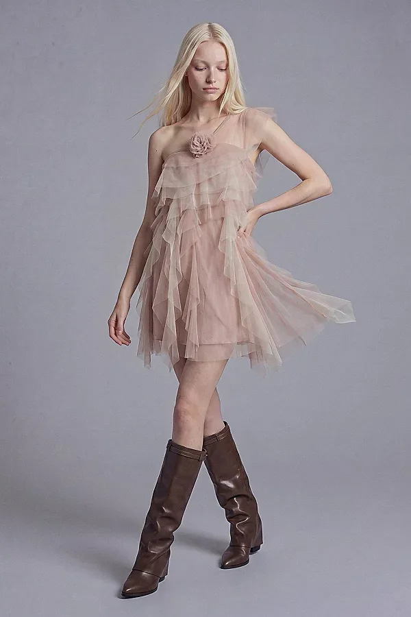 Asymmetrical One-Shoulder Tiered Tulle Mini Dress with Rosette Detail by Slate Pink