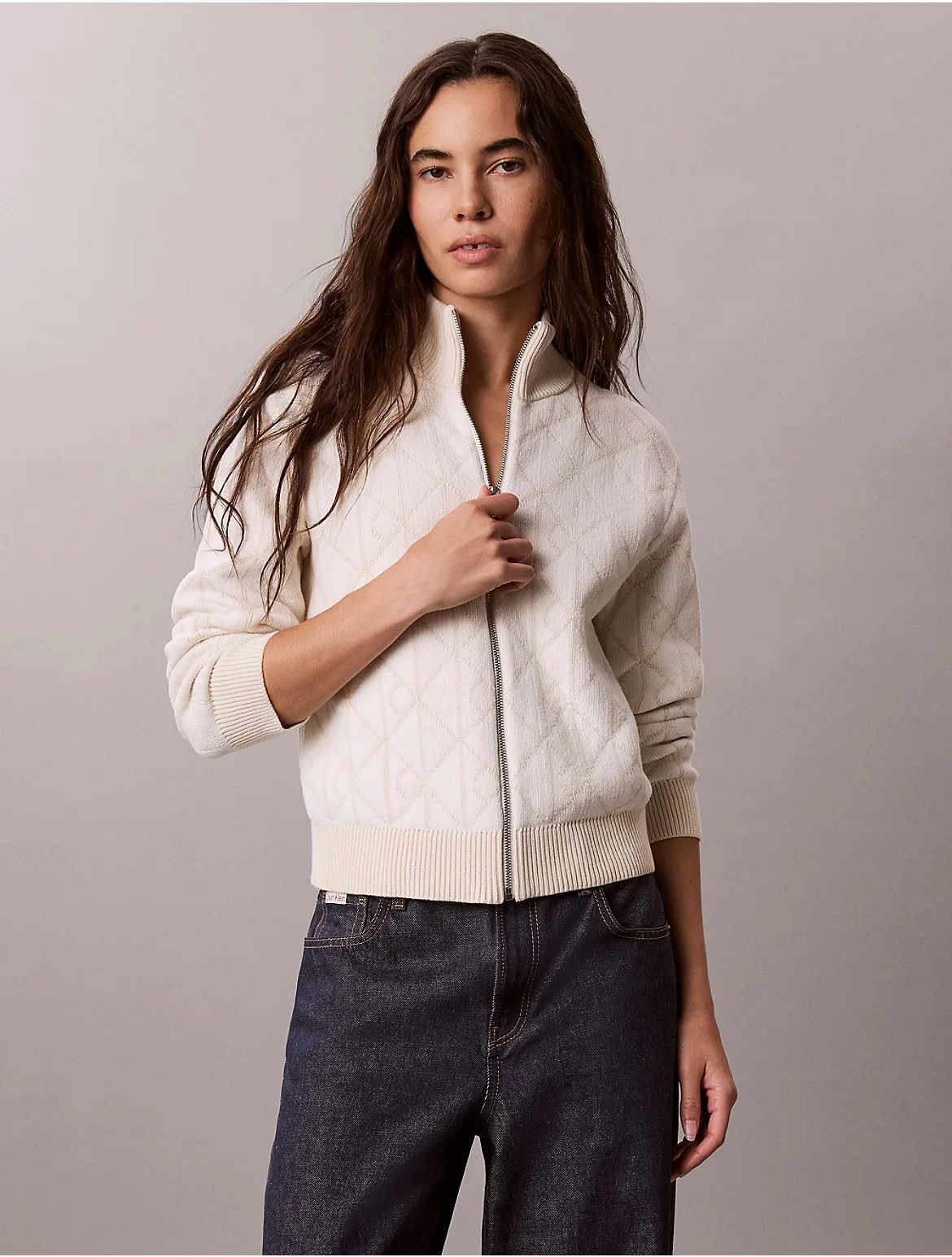 Quilted Chenille Emblem Logo Zip Sweater by Calvin Klein