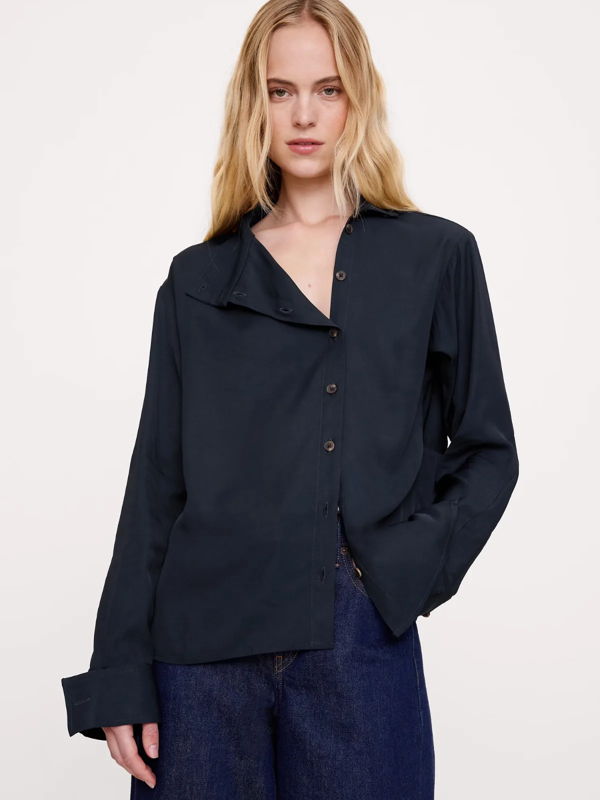Drapey Twill Asymmetrical Button-Front Blouse by Banana Republic