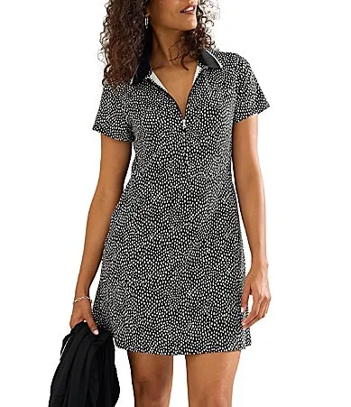 Aubrey Geometric Print Point Collar Short Sleeve Front Zipper Placket A-Line Dress by Tommy Bahama