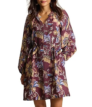 Mesa Shores Woven Silky Seas Print Split Round Long Sleeve Shift Dress by Tommy Bahama