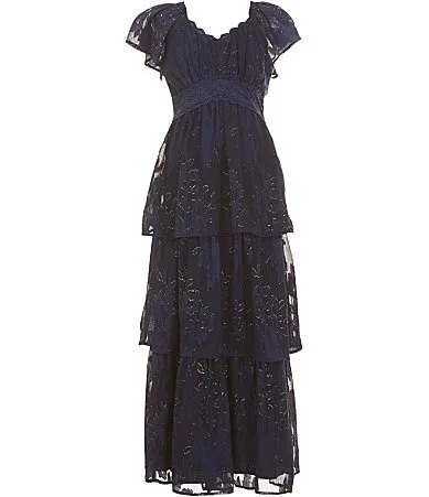 Flutter-Sleeve Metallic Jacquard Dress by Allison & Kelly