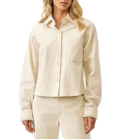 Soft Corduroy Pearl Embellished Point Collar Long Sleeves Button Front Coordinating Top by Karen Kane