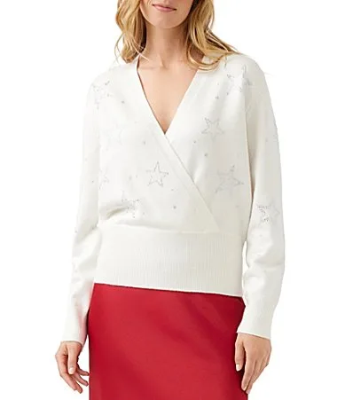 Embellished Star Knit Front Wrap V-Neck Long Sleeve Sweater Top by Karen Kane