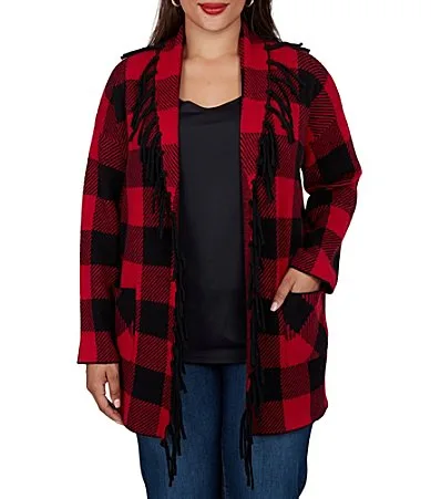 Red Black Buffalo Plaid Shawl Collar Long Sleeve Fringe Open Front Cardigan by Ruby Rd