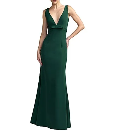 Mac Duggal Crepe Sleeveless Bow Front V-Neck Gown by M.A.C.
