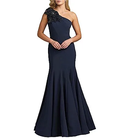 Mac Duggal Crepe One Shoulder Sleeveless Flower Applique Gown by M.A.C.