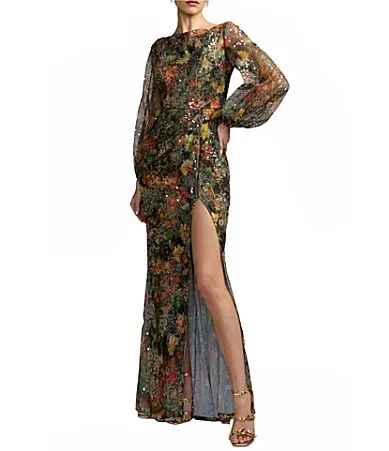 Mac Duggal Floral Print Sequin Boat Neck Long Sleeve Front Slit Gown by M.A.C.