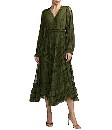 Mac Duggal Long Balloon Illusion Sleeve V-Neck Ruffle Tier Midi Dress by M.A.C.