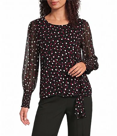 Woven Chiffon Polka Dot Crew Neck Long Sleeve Blouse by Calvin Klein