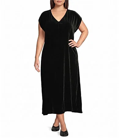 Velvet V-Neck Cap Sleeve Pull-On A-Line Dress by Eileen Fisher